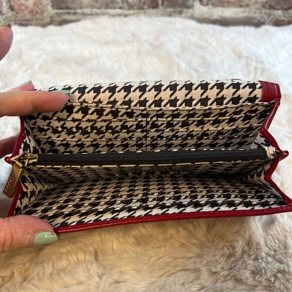 HOBO Clutch Wallet in Beautiful Red Leather w Black & White Houndstooth Interior - Picture 7 of 10